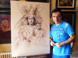 El pintor Antonio Montiel pinta el cartel del 25 aniversario de la Romería de la Virgen de la Alegría de Málaga