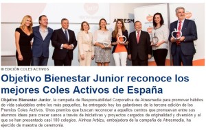 El colegio Maestro Manuel Aparcero de Chipiona recoge su premio OBJETIVO BIENESTAR JUNIOR , otorgado por el Grupo Atresmedia de Antena 3 televisión por las actividades realizadas dentro de los proyectos de hábitos saludables