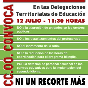 CCOO se moviliza el próximo 12 de julio contra la supresión y desplazamiento de profesorado en la educación pública andaluza