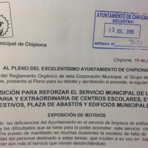 El PP permite deficiencias en la limpieza de los colegios incluso disponiendo desde el 13 de julio de una proposición de IU para que estos sean limpiados mediante contrataciones en la bolsa de trabajo de  la empresa municipal Caepionis.