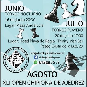 Chipiona volverá a contar este verano con el open de ajedrez, un torneo nocturno y otro playero