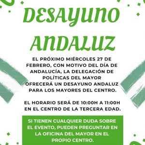 El desayuno andaluz en el Centro de mayores tendrá lugar este año el 27 de febrero