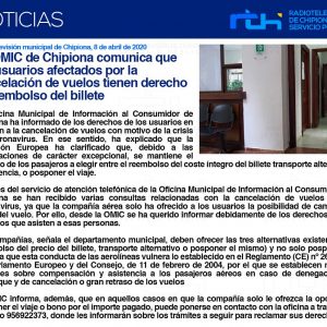 La OMIC de Chipiona comunica que los usuarios afectados por la cancelación de vuelos tienen derecho al reembolso del billete