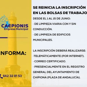 El lunes 15 acaba el plazo para la inscripción en la bolsa de trabajo de la Empresa Municipal Caepionis