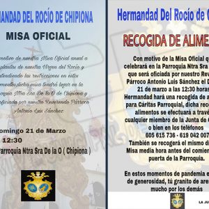 La Hermandad del Rocío de Chipiona lanza una recogida de alimentos para Cáritas coincidiendo con su misa anual de este domingo