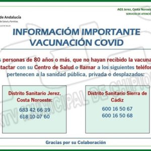 Llamamiento a los mayores de 80 años de Chipiona pendientes de vacunar para que contacten con el centro de salud