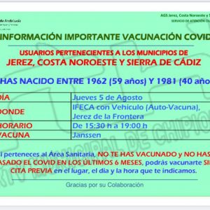 El jueves 5 de agosto pueden vacunarse en IFECA Jerez los nacidos entre  1962 y 1981 que no lo hayan hecho hasta ahora