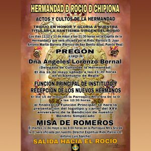 La Hermandad del Rocío de Chipiona informa de los actos y cultos previstos para este mes de mayo
