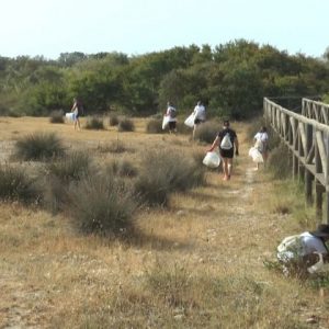 Voluntarios retiran basura del litoral de Chipiona para concienciar sobre la importancia de no tirar residuos en esa zona natural