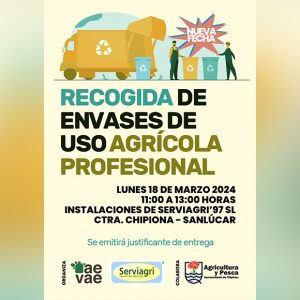 Agricultura recuerda que este lunes 18 de marzo se llevará a cabo en Chipiona una nueva recogida de envases de uso agrícola profesional